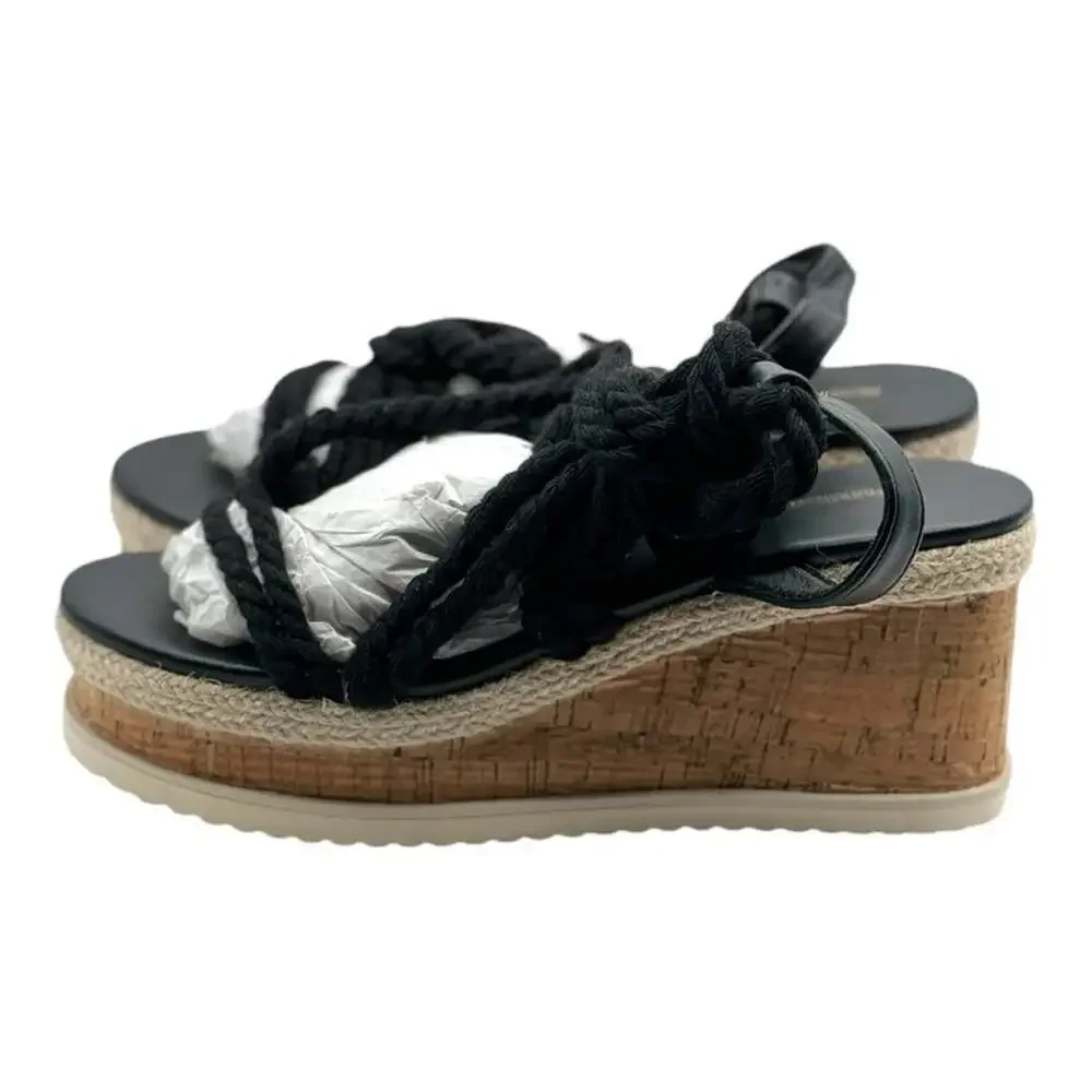 PrettyLittleThing Black Tie-up Round Toe Espadrille Wedge Heeled Sandals Size 5